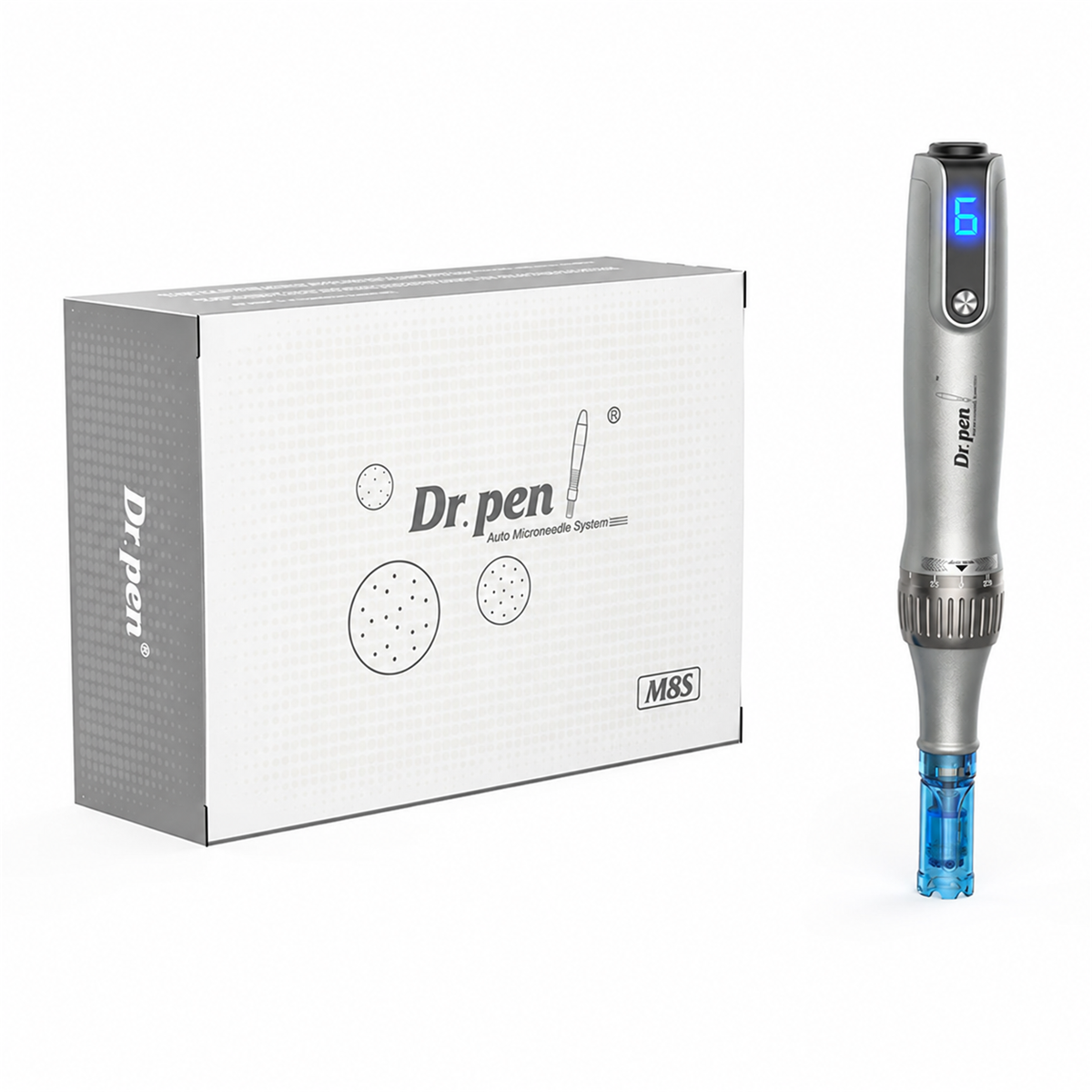Серебристый Dr. Pen M8s с синим картриджем рядом с оригинальной коробкой M8S