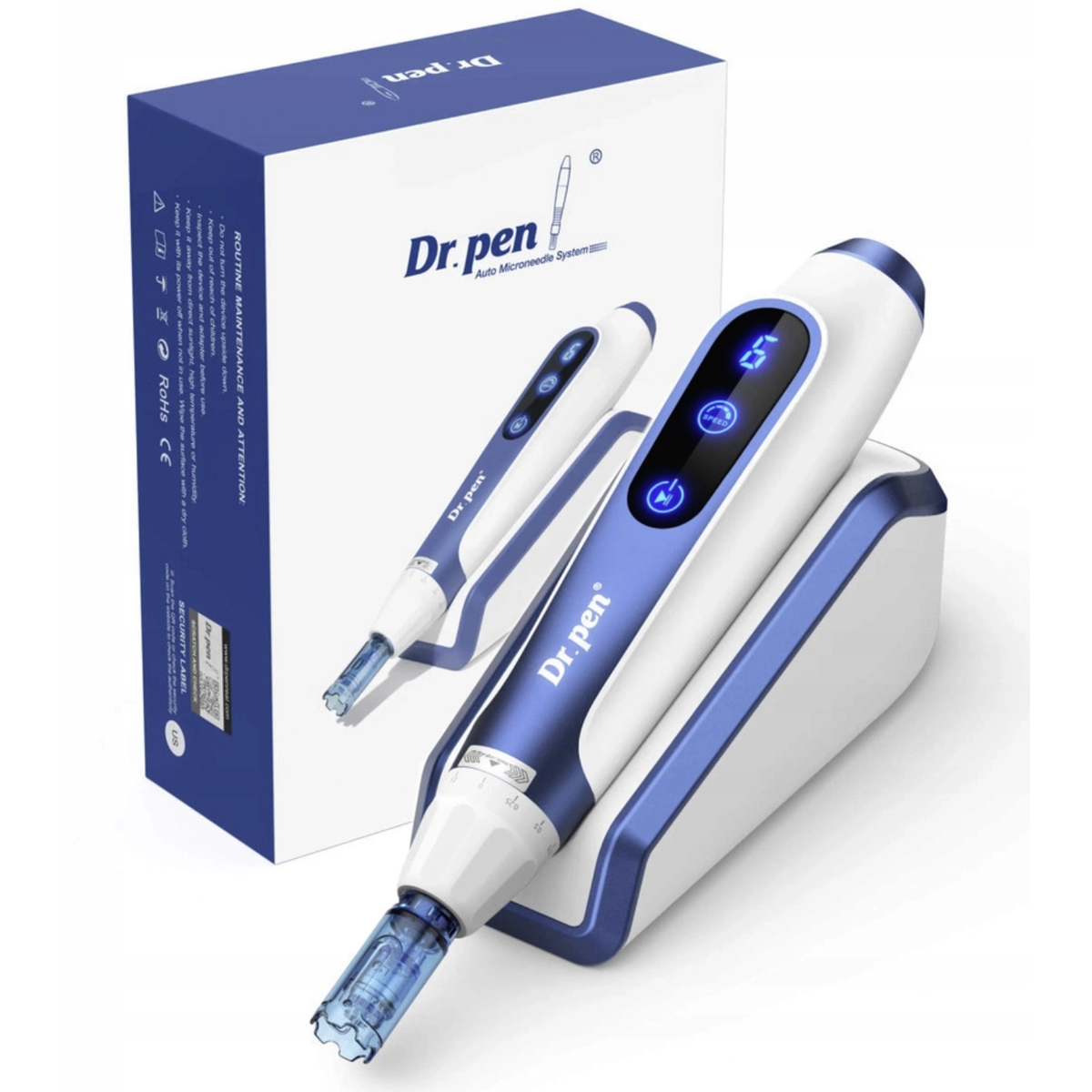 Сине-белый Dr. Pen A11 на подставке с паузой рядом с оригинальной коробкой