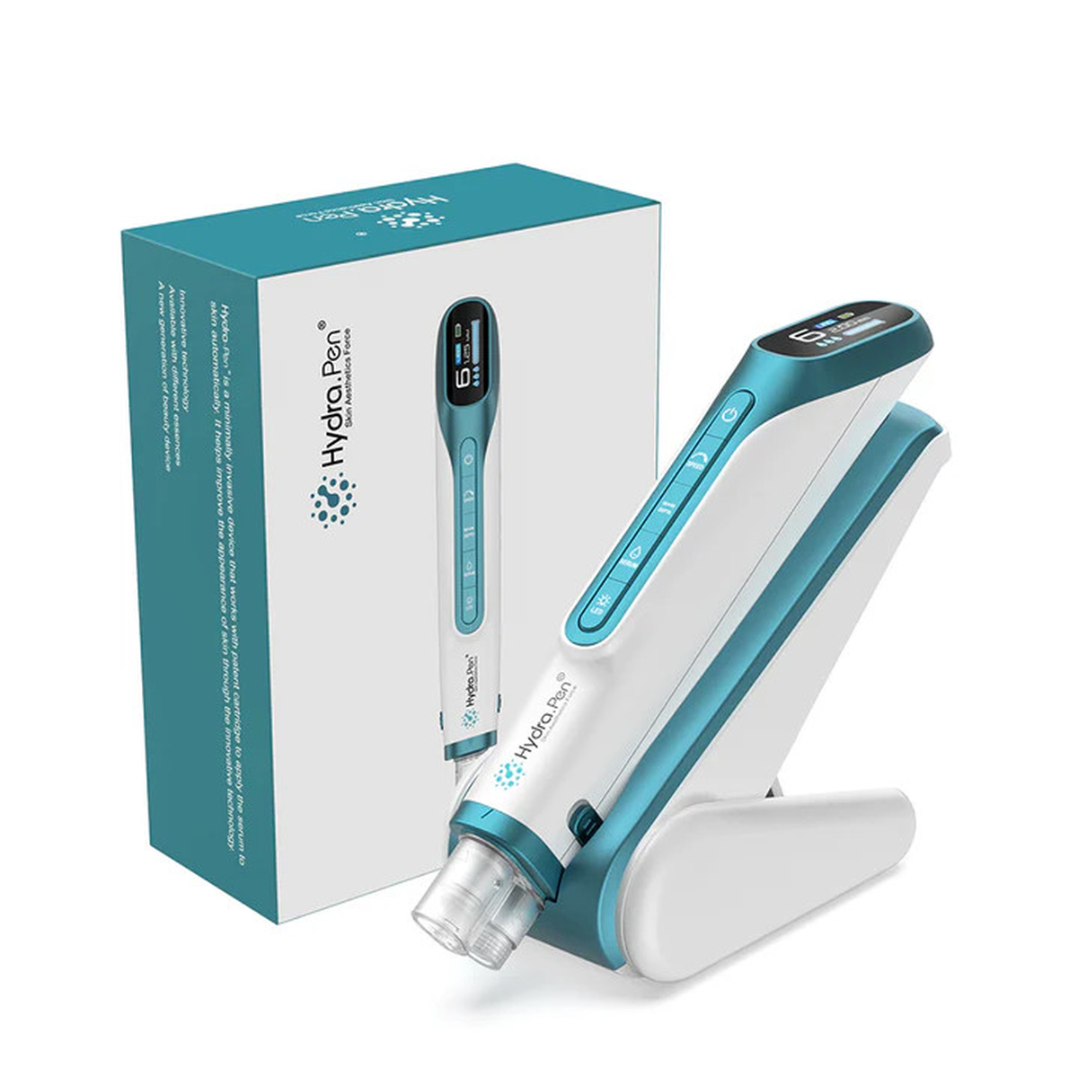 Hydra Pen H6 цвета бирюзовый металлик на подставке рядом с коробкой