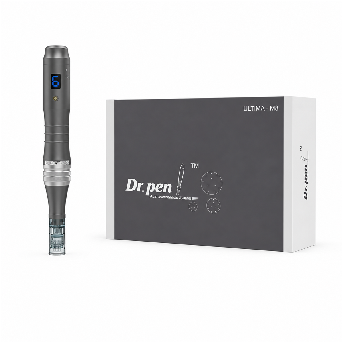 Серебристый аппарат для микронидлинга Dr. Pen M8 рядом с оригинальной коробкой M8