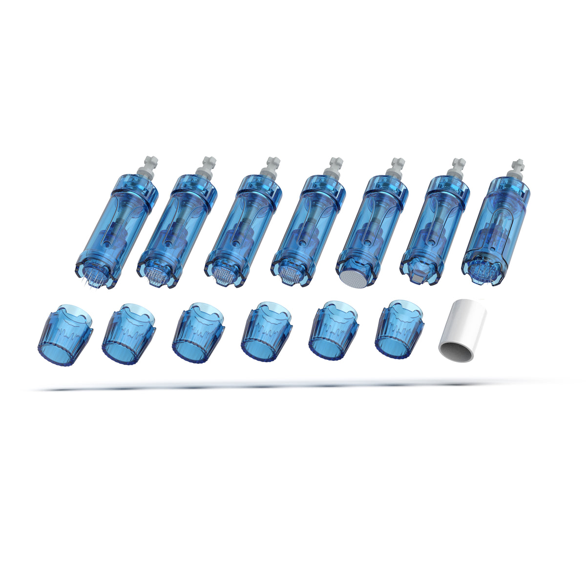 Картриджи Dr. Pen A11, M8s, A9 и A8S рядом с отдельными защитными колпачками