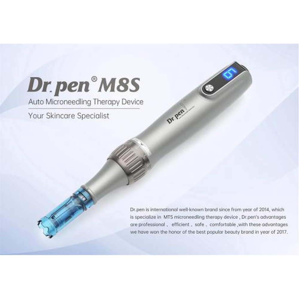 Dr. Pen M8s под углом: цифровой дисплей и установленный синий картридж