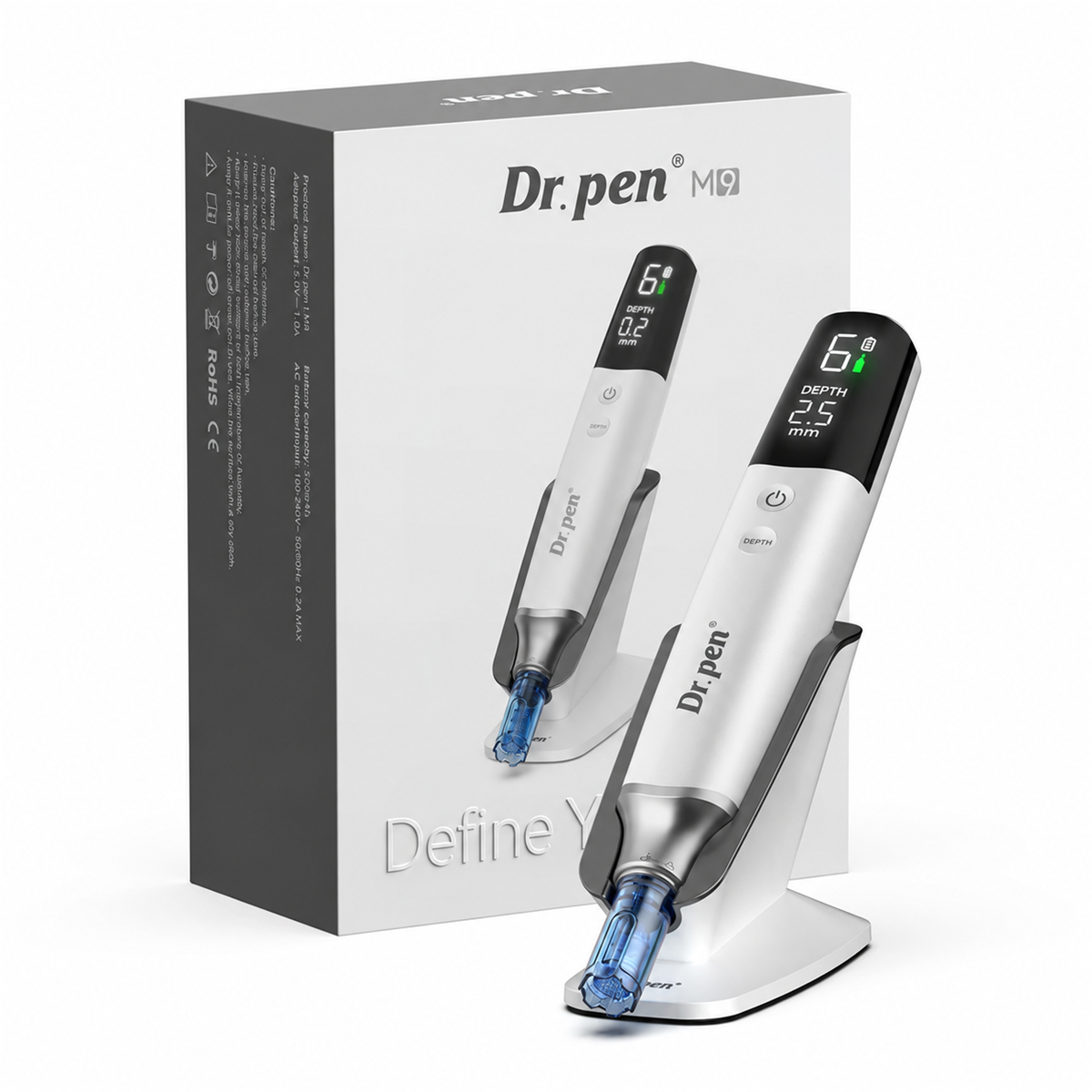 Белый Dr. Pen M9 на подставке рядом с оригинальной коробкой
