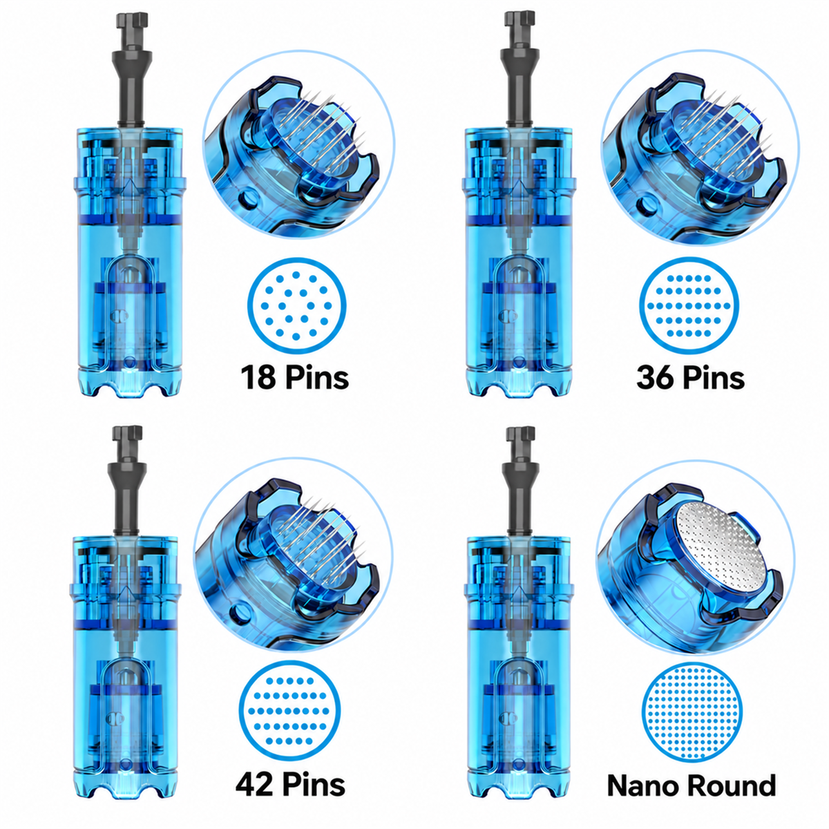 Картриджи Dr. Pen M9 и M8 Max на 18, 36 и 42 иглы, а также Nano Round с крупными планами насадок
